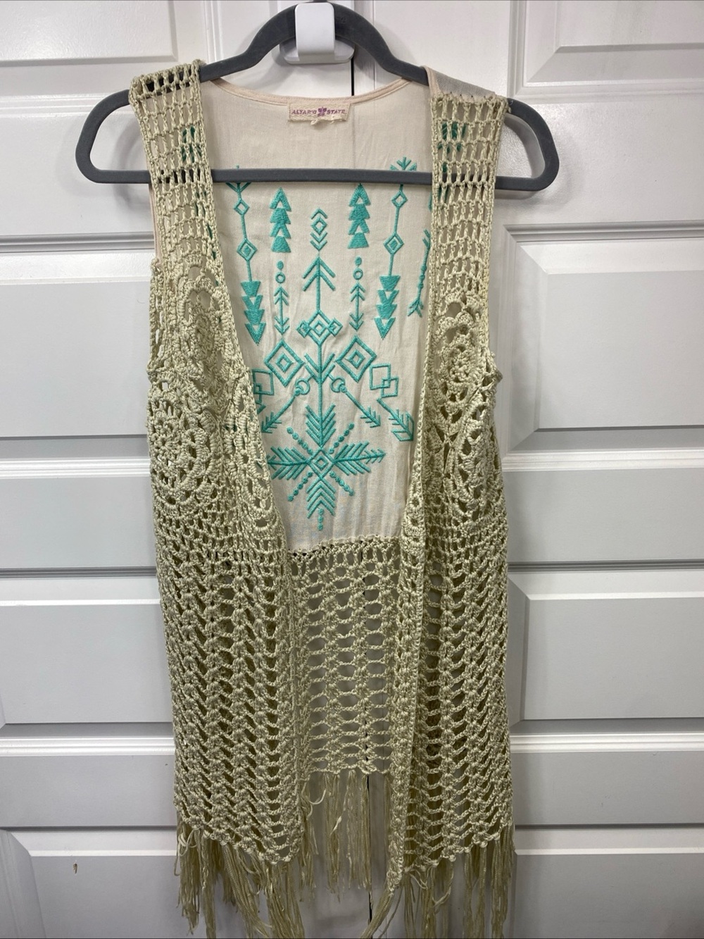 Altar’d State Duster Cardigan Boho Fringe Crochet Embroidery Hippie Festival S/M